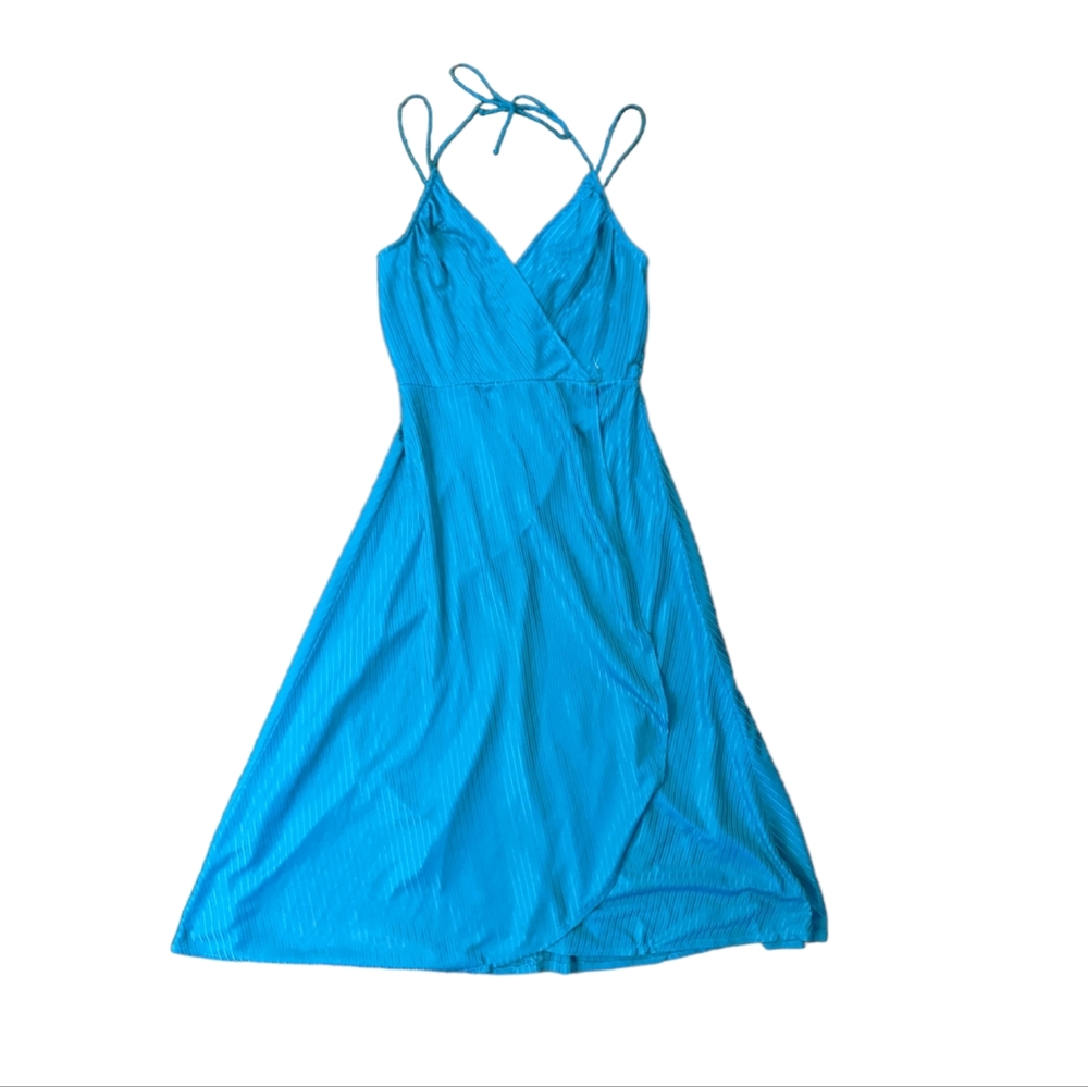Turquoise Midi Wrap Halter Dress Spaghetti Tank Top Sleeve Vintage Size Medium
